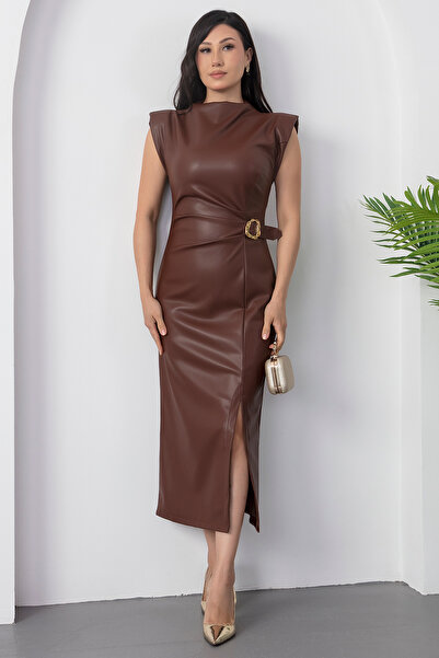 PULLIMM High Neck Shoulder Padded Buckle Leather Dress Ny3042