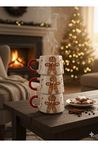 BB TRADE مجموعة هدايا عيد الميلاد مكونة من 3 أكواب سيراميك مطبوعة يدويًا على شكل رجل الزنجبيل