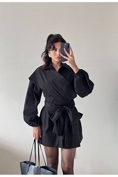 LOCH BUTİK Kadın Siyah Omuzdan Çarpraz Fiyonk Bağlamalı Uzun Kollu Mini Elbise