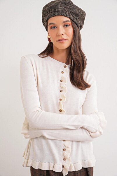 Mixray 6964 Women's Plain Ruffled Buttoned Cardigan Natural