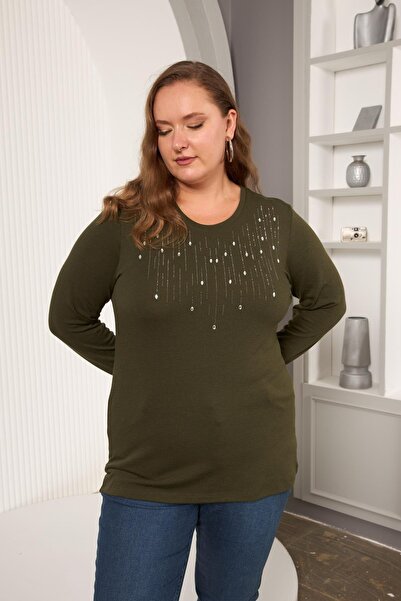 RMG Μπλούζα μεγάλου μεγέθους με πέτρινη λεπτομέρεια στο μπροστινό μέρος χακί