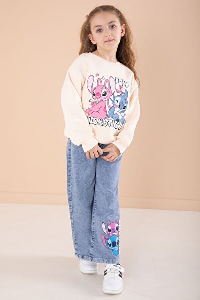 Cansın Mini Krem Love Character Printed Ribboned Badili Girl's Pants 2-Piece Set 22745