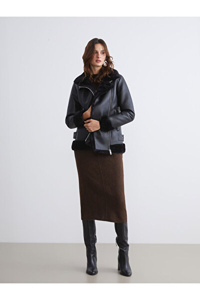 LC Waikiki Biker Collar Women's Leather Look Coat