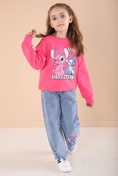 Cansın Mini Fuchsia Love Character Printed Ribboned Badge Girl's 2-Piece Set with Pants 22747