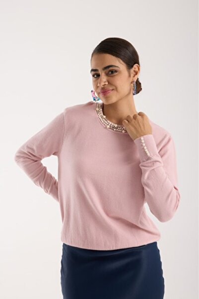 Coşkun GİYİM Women's Collar and Cuffs Pearl Detailed Crew Neck Sweater Pudra ...