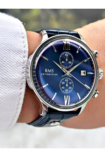 Romanson Fonksiyonlu Lacivert Renk zel Tasarım Deri Kordon Çelik Kasa Erkek Kol Saati 1332.11MR
