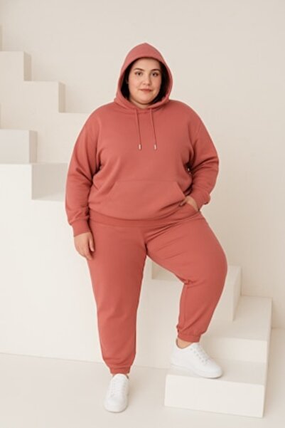 pamuklu Women's Cotton Tracksuit with Hood and Drawstring, Peach, 3XL