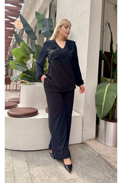 ViolettaXL Women's Plus Size Double Breasted Tie-Necklace Collar, Pocketed Loose-Leg Lycra Scuba Crepe Evening Dress Suit