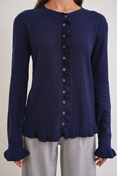 Mixray 6964 Women's Plain Ruffled Buttoned Cardigan Navy Blue