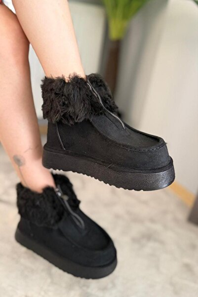 Preshley Women's Impera Black Suede Fur Zippered 4 cm Thick Sole Short Boots