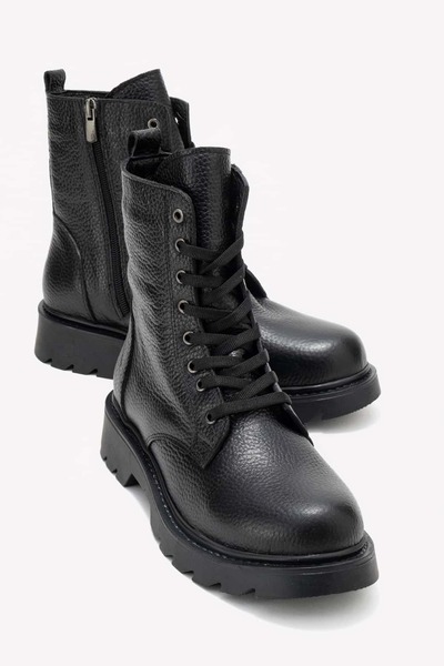 Lizy Shoes أسود - حذاء نسائي من الجلد الطبيعي مع تفاصيل سحاب وأربطة