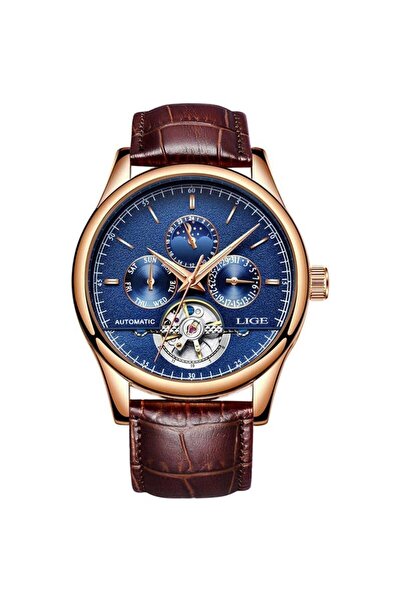 Lige Ανδρικό Ρολόι με Μηχανικό Αυτόματο Καφέ Δερμάτινο Λουράκι και Μηχανισμό Tourbillion 3 ATM