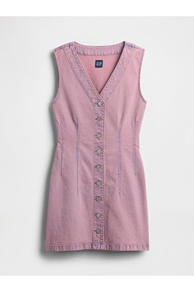 GAP Kadın Pembe Denim V-Yaka Mini Elbise