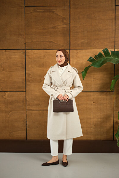 LOCCO Kadın Düğme Detay Bel Bağlamalı Kaban Krem