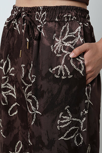 Orfeo Negro Women's Floral Patterned Brown Jacquard Wide Leg Patterned Trousers