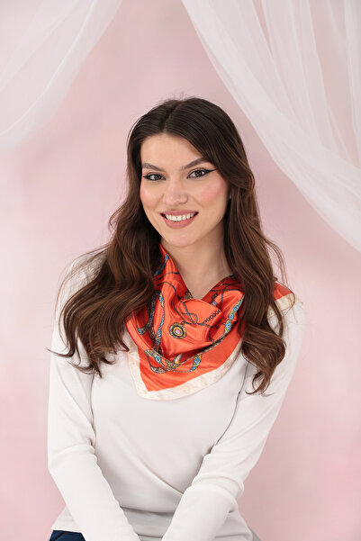 Trend Land Esarfa patrata satinata orange cu imprimeu abstract