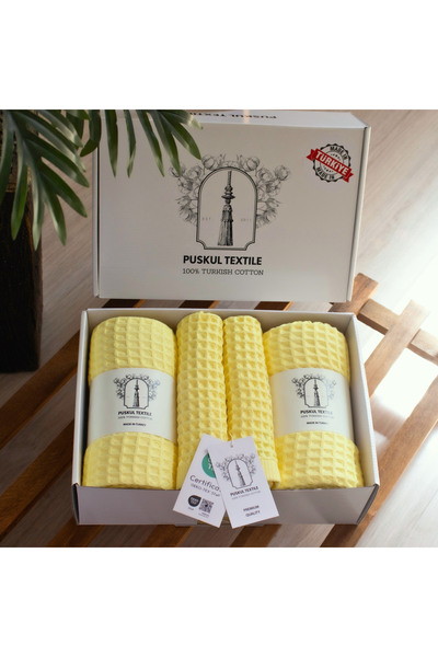 Püskül Tekstil Luxury 4-Piece Waffle Weave Towel Set (2 Bath + 2 Hand), 100% Cotton Quality Quick-Drying Towels