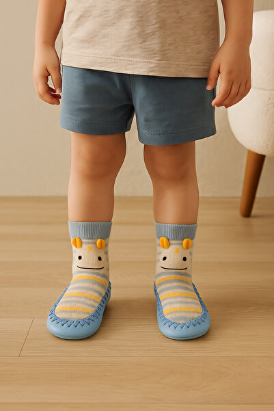 Katia&Bony Çocuk Canavar Desenli Makosen Soket Çorap Patik Panduf – Kaydırmaz Ev & Anaokulu Ayakkabısı Açık Mav