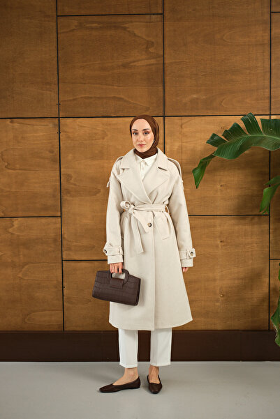 LOCCO Kadın Düğme Detay Bel Bağlamalı Kaban Krem