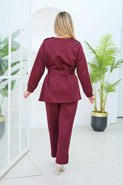 LOCCO Kadın Apoletli Kemerli İkili Takım Bordo