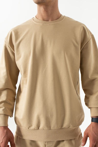 grand coco Men's Crew Neck Beige Two Thread Tracksuit Set