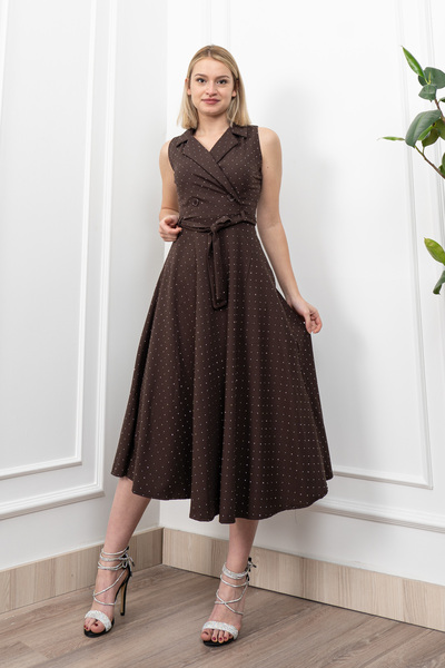 MissVina Rochie lungă cu guler și curea în talie cu pietre aplicate 50338