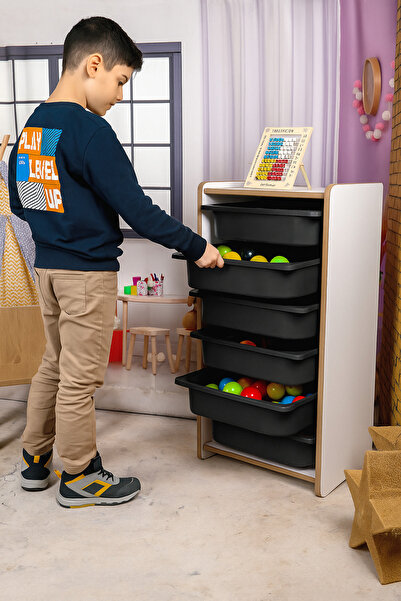 Industrial Living Beyaz MDF Montessori Oyuncak Dolabı – 6 Siyah Plastik Çekme...