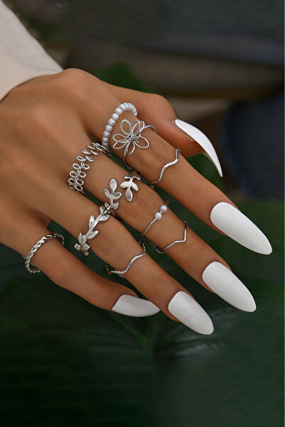 The Collection 10-Piece Combination Joint Silver Pearl Ring Set
