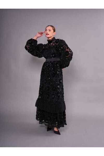 SERPİL Dantelli Transparan Detaylı Uzun Kollu Şık Kadın Elbise 50921