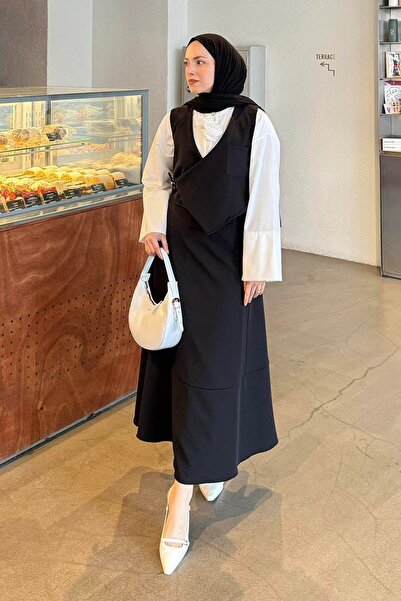 lamelif Crop Vest-Skirt Two-Piece Set Black