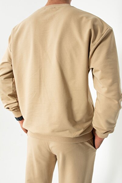 grand coco Ανδρικό σετ αθλητικής φόρμας με λαιμόκοψη μπεζ με δύο κλωστές