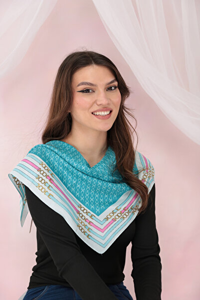 Trend Land Esarfa patrata din matase satinata cu imprimeu turcoaz-roz si bordura in dungi