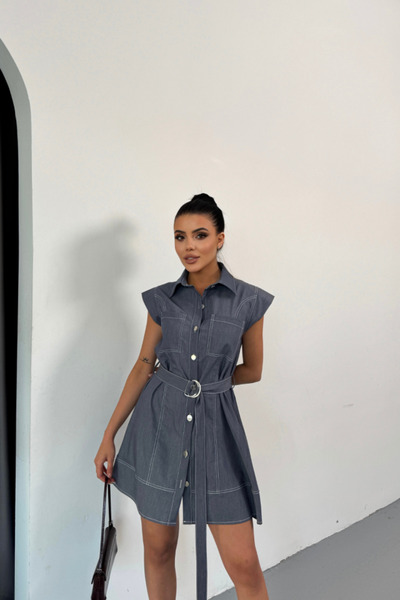 Wear Up فستان قميص بدون أكمام من قماش تينسل - أزرق