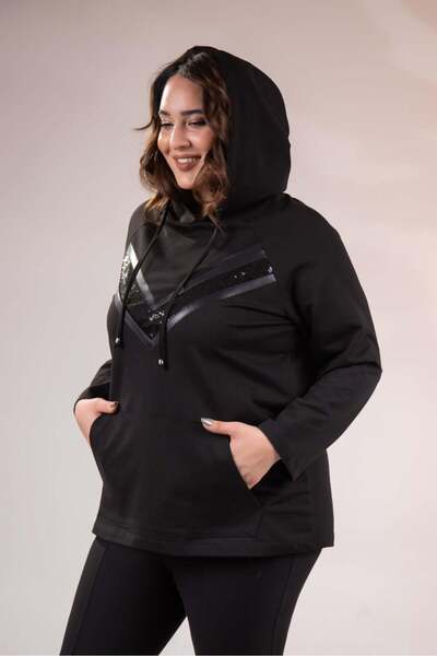 Roxxlen 1211097 Hanorac pentru femei de mărime mare, cu paiete în față, negru