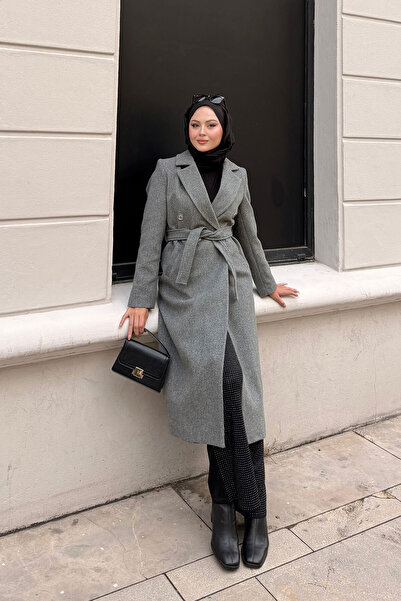 LOCCO Kadın Düğme Ve Bel Bağlamalı Ara Boy Kaşe Kaban Füme