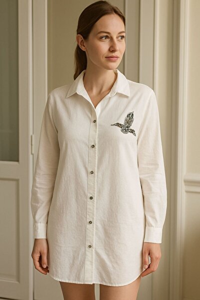 HEDEF DAİSY ملابس نسائية قميص طويل بتفاصيل حجرية باللون الأبيض