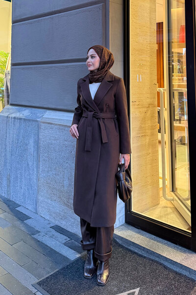 LOCCO Γυναικείο παλτό με κουμπιά και δεμένο στη μέση, μεσαίου μήκους, καφέ