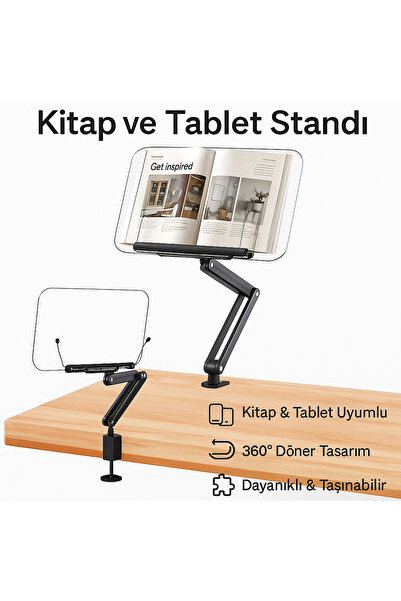 Coverzone Kitap & Tablet Standı Masa Kenarı Kelepçeli, 360° Döner, 87.5cm Ayarlı, Şeffaf Akrilik Panel | P87