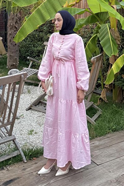 lamelif Waist Gathered Hijab Dress Pink
