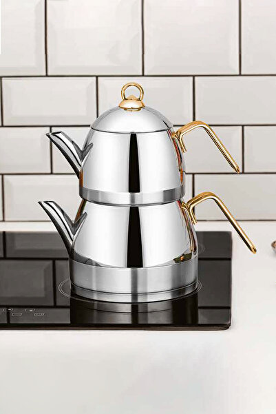 PoloChef إبريق شاي زمرد من الفولاذ المقاوم للصدأ 18/10 متوسط الحجم بمقبض ذهبي