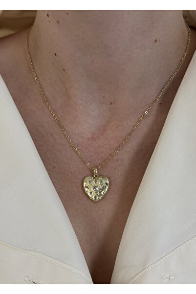 KİLİGİSTANBUL Steel Geometric Patterned Heart Gold Color Necklace 40 cm