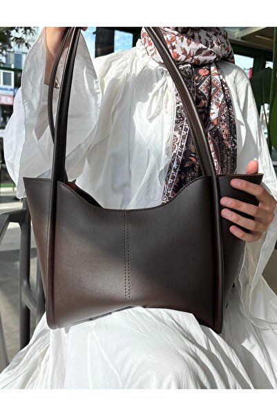 LİZZY BAG Suni Deri Fermuarlı Kahverengi Omuz Çantası