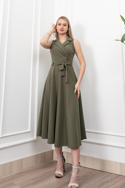 MissVina Rochie lungă cu guler și curea în talie cu pietre aplicate 50338