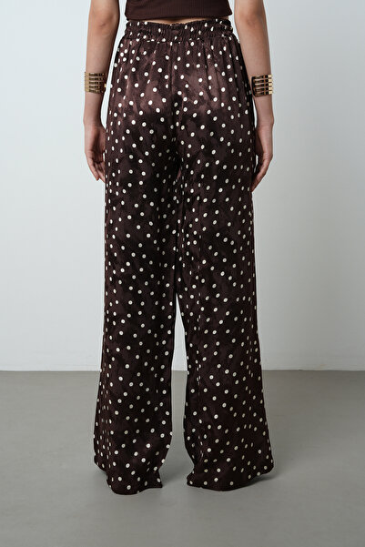 Orfeo Negro Women's Polka Dot Patterned Brown Jacquard Wide Leg Patterned Trousers