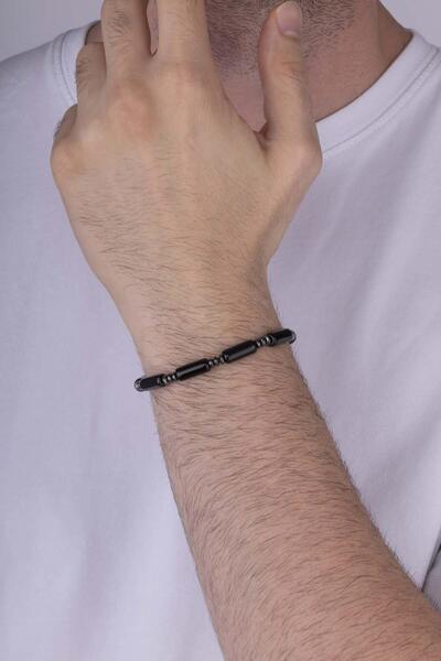 Gümüş Pazarım Cylinder Cut Hematite Transitional Onyx Stone Natural Stone Men's Bracelet