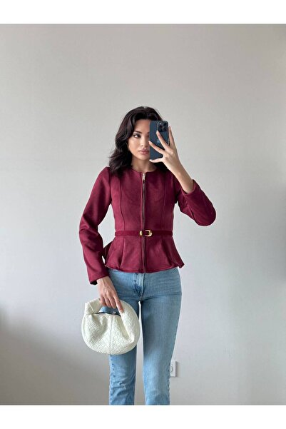 LOCH BUTİK سترة نسائية من جلد الغزال ذات أكمام طويلة وحزام باللون العنابي