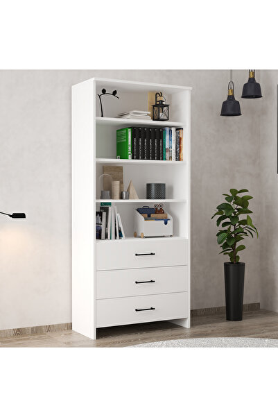 Serçedesign 3 Çekmeceli Beyaz Kitaplık – Modern ve Çok Amaçlı Açık Raflı Dola...