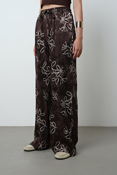 Orfeo Negro Women's Floral Patterned Brown Jacquard Wide Leg Patterned Trousers