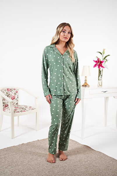 Estiva Heart-Embedded Buttoned Suede Pajama Set