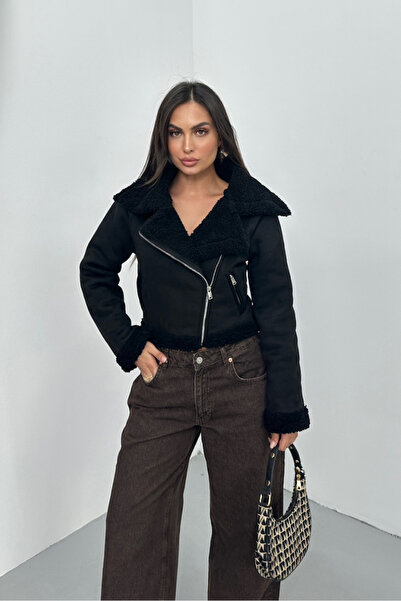 spirituel Women's Suede Coat Short Fur Lined Double Breasted Zipper Pocket Jacket